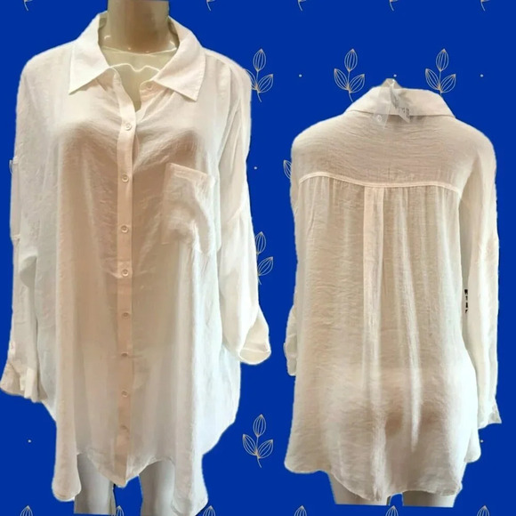 Torrid Plus 4 White Sheer Woven Button Down Drop Shoulder Long Sleeve Shirt  - Picture 1 of 6